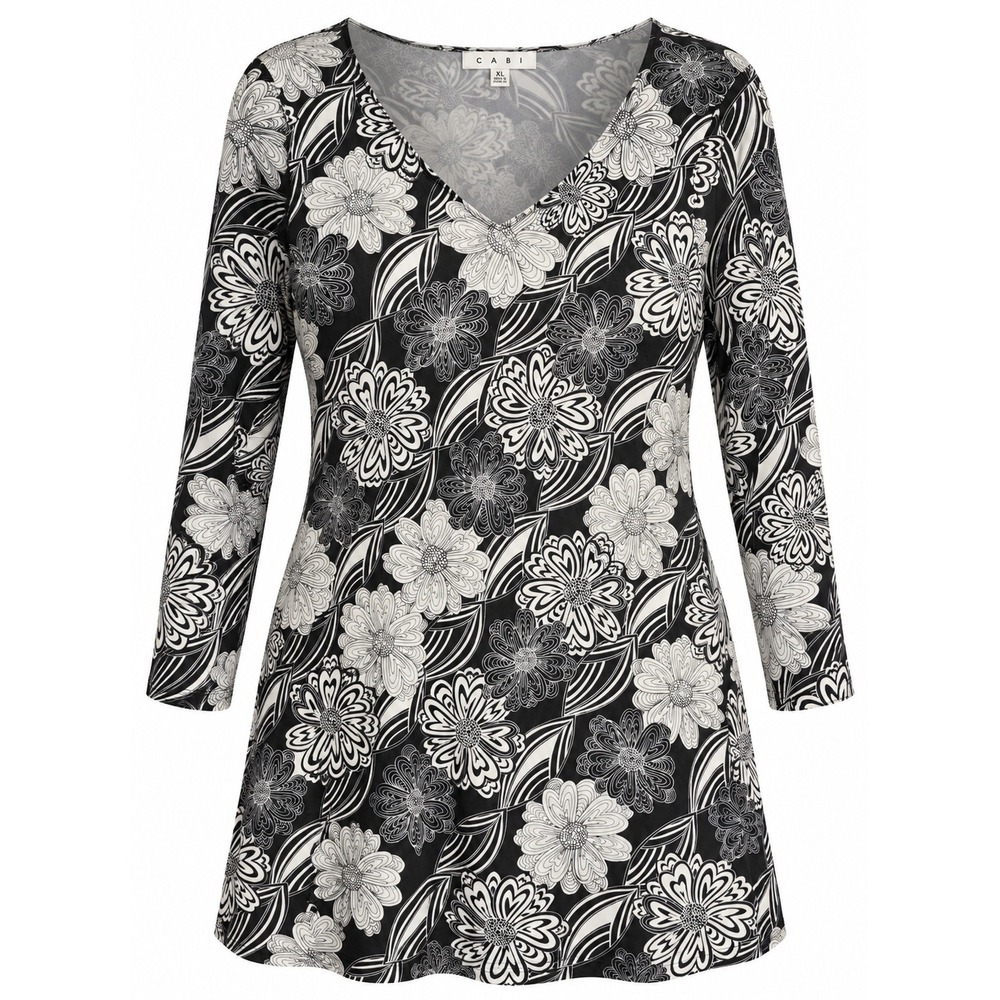 Cabi XL Tunic Top Black White Floral V-Neck 3/4 Sleeve Mesh Knit A-Line